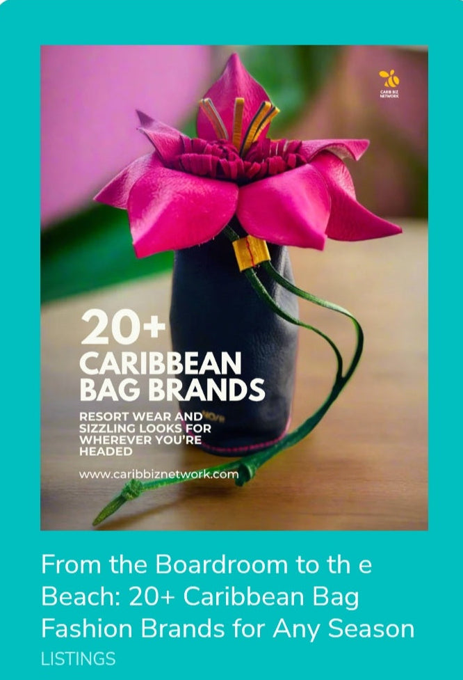 '20+ CARIBBEAN BAG BRANDS' Article from Carib Biz Network featuring DesignsbyFionaKimberly and others.  Subheading reads 'From the Boardroom to the Beach: 20+ Caribbean Bag Fashion Brands for Any Season'.