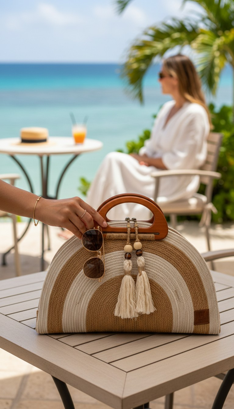 Handcrafted  Gloria Handbag.  Caribbean inspired. woven dome handbag with a brown wooden handle sits on a patio table in front of a beach setting, featuring a sun hat and sunglasses hanging from its side with tassels. A woman in a white outfit is seated in the background at an outdoor cafe.
