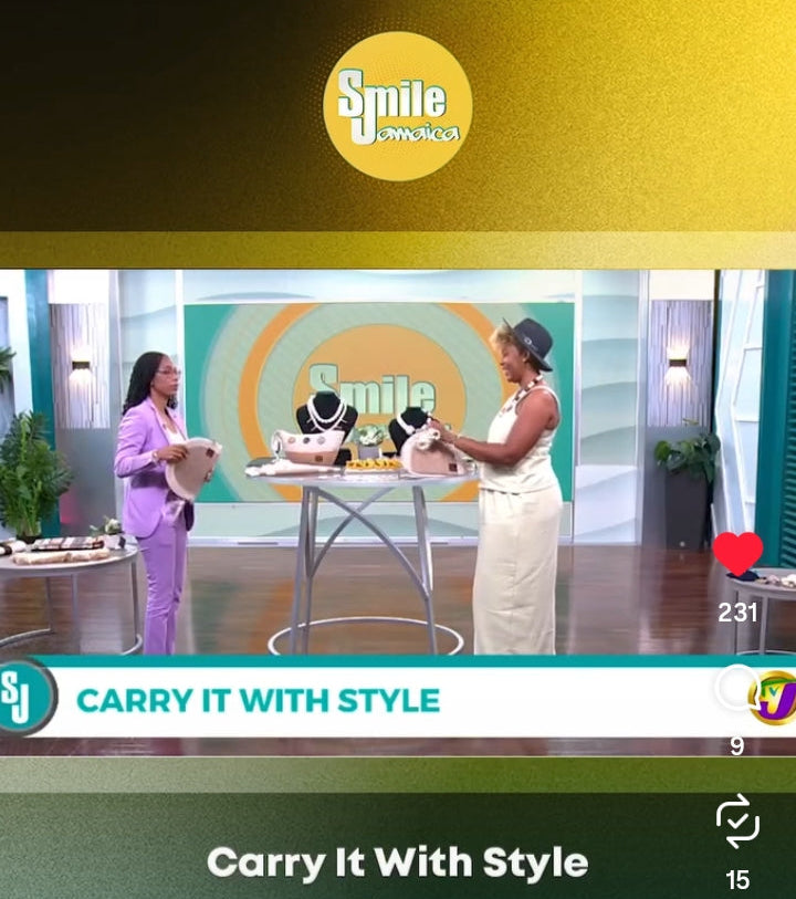 SmileJa TVJ interview with Simone Clarke and Designs By Fiona Kimberly Handcrafted bags and accessories.  A social media post or video page for 'Smile with Style' showing a lifestyle scene of two women in a studio setting, with chat bubbles and user comments below.